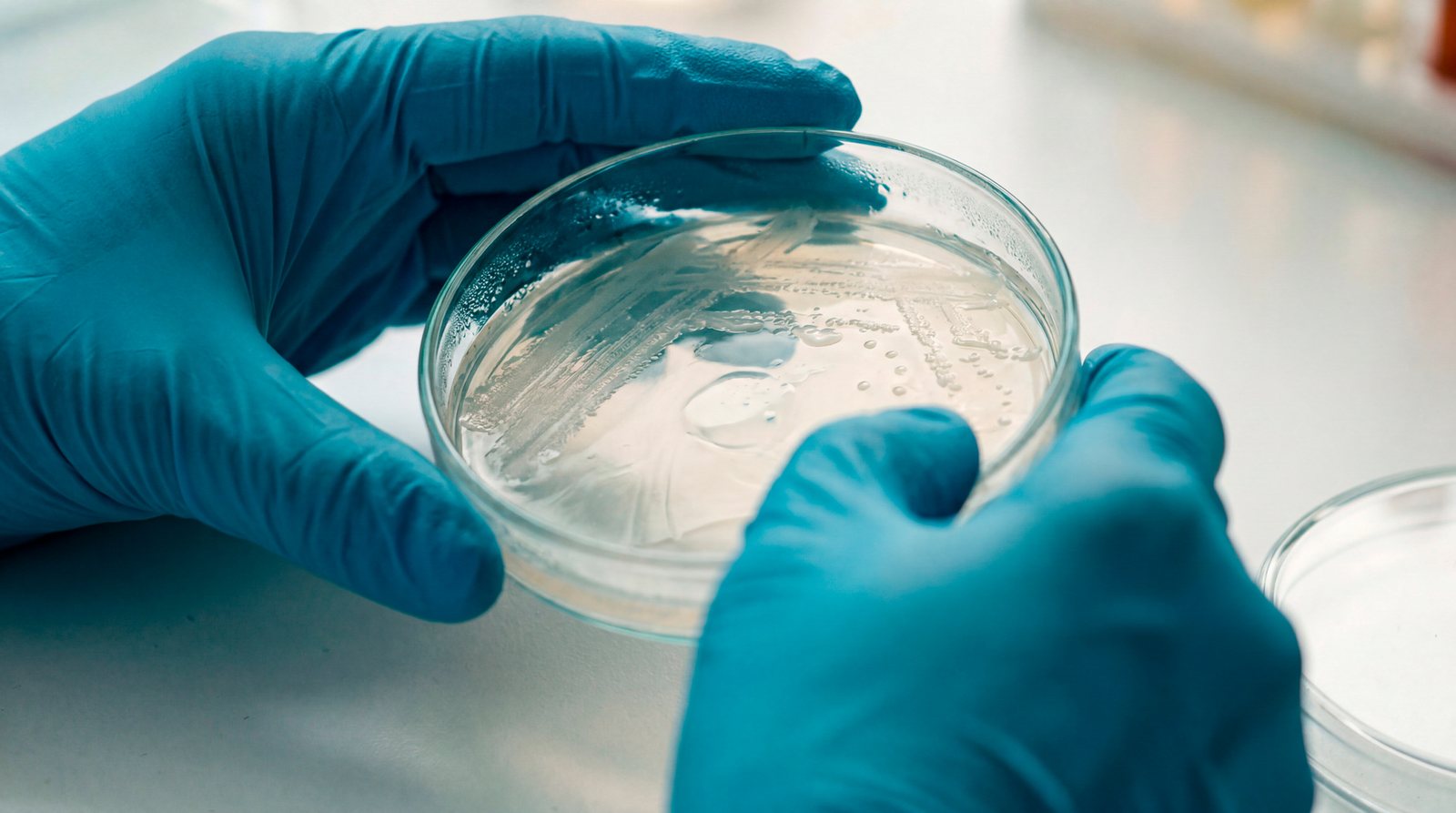 A researcher handling bacterial culture plates in the laboratory